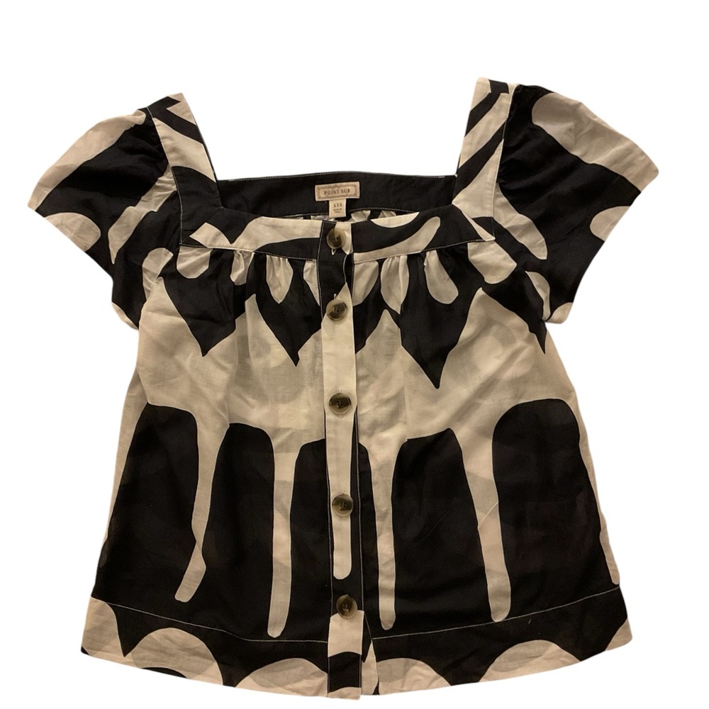 J.Crew’s Point Sur button-front square-neck blouse in navy/white, size XXS. EUC